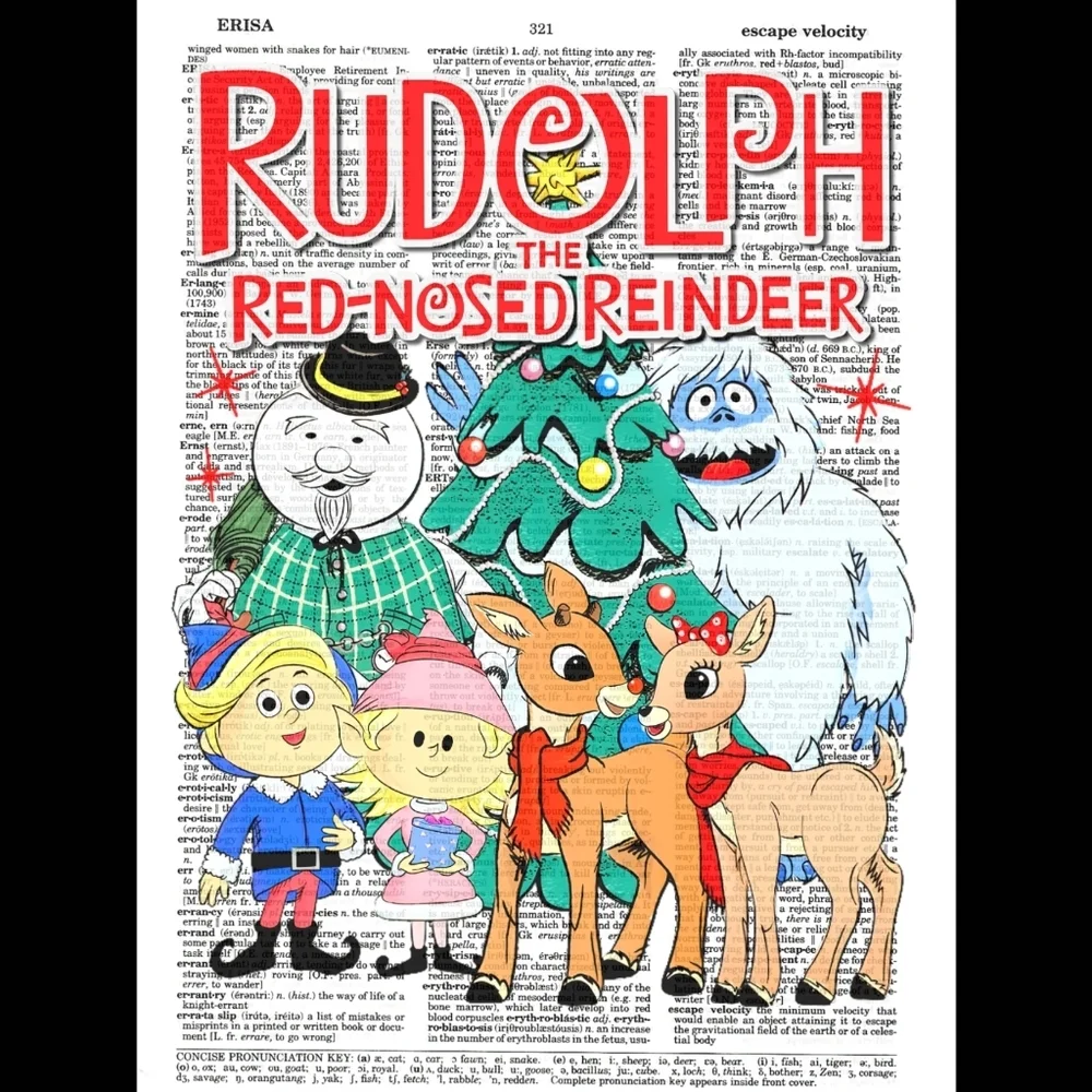 Rudolph Red Nosed Reindeer Retro Christmas Vintage Dictionary Art Pri…