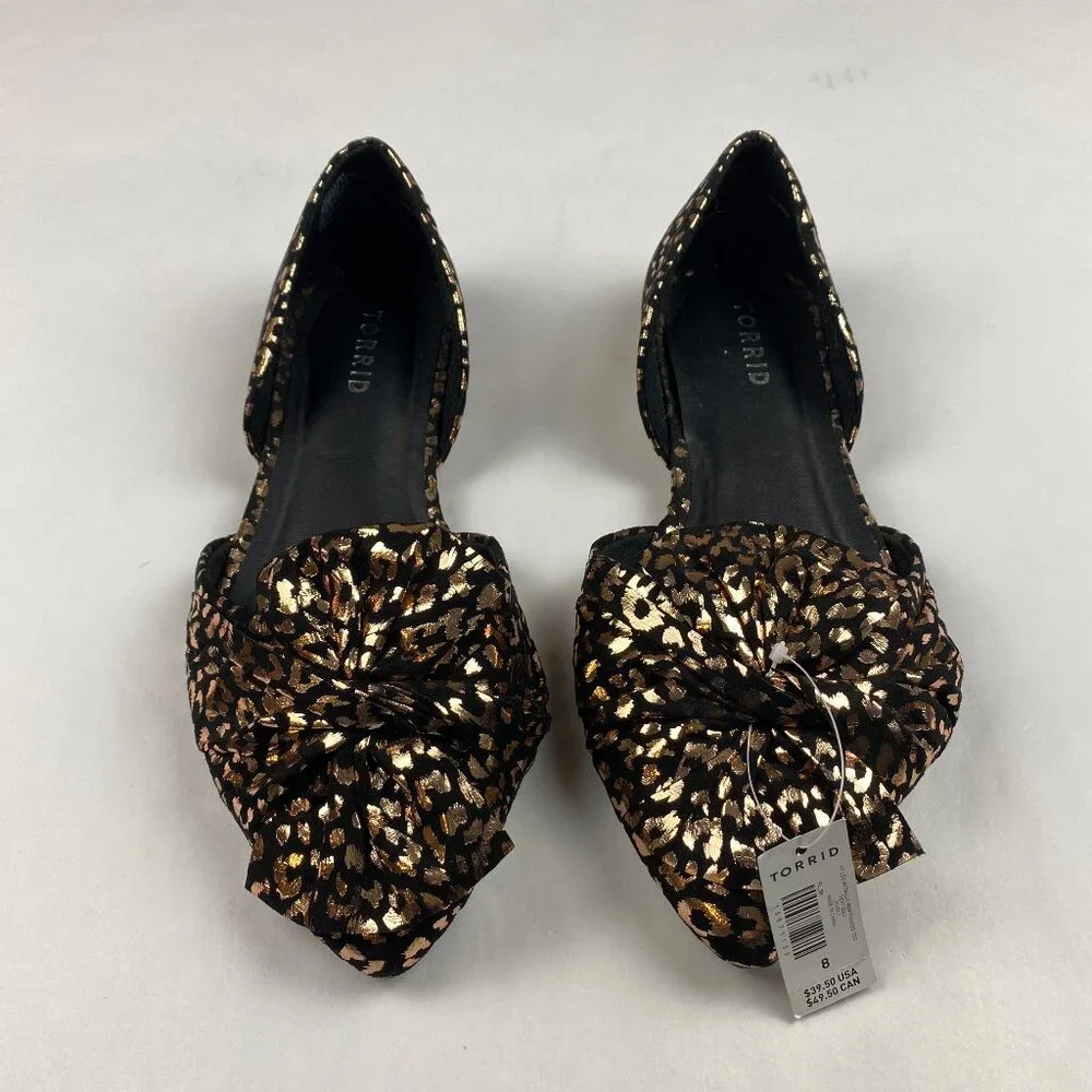 NWT Torrid Flats Black Metallic Gold Bow Leopard Print Shoes Women's Size 8WW