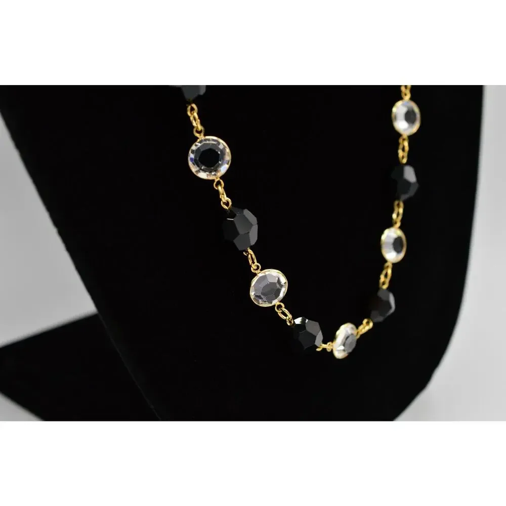 Austrian Crystal USA Vintage Necklace Open Bezel Clear Black Gold Signed 80s 9J