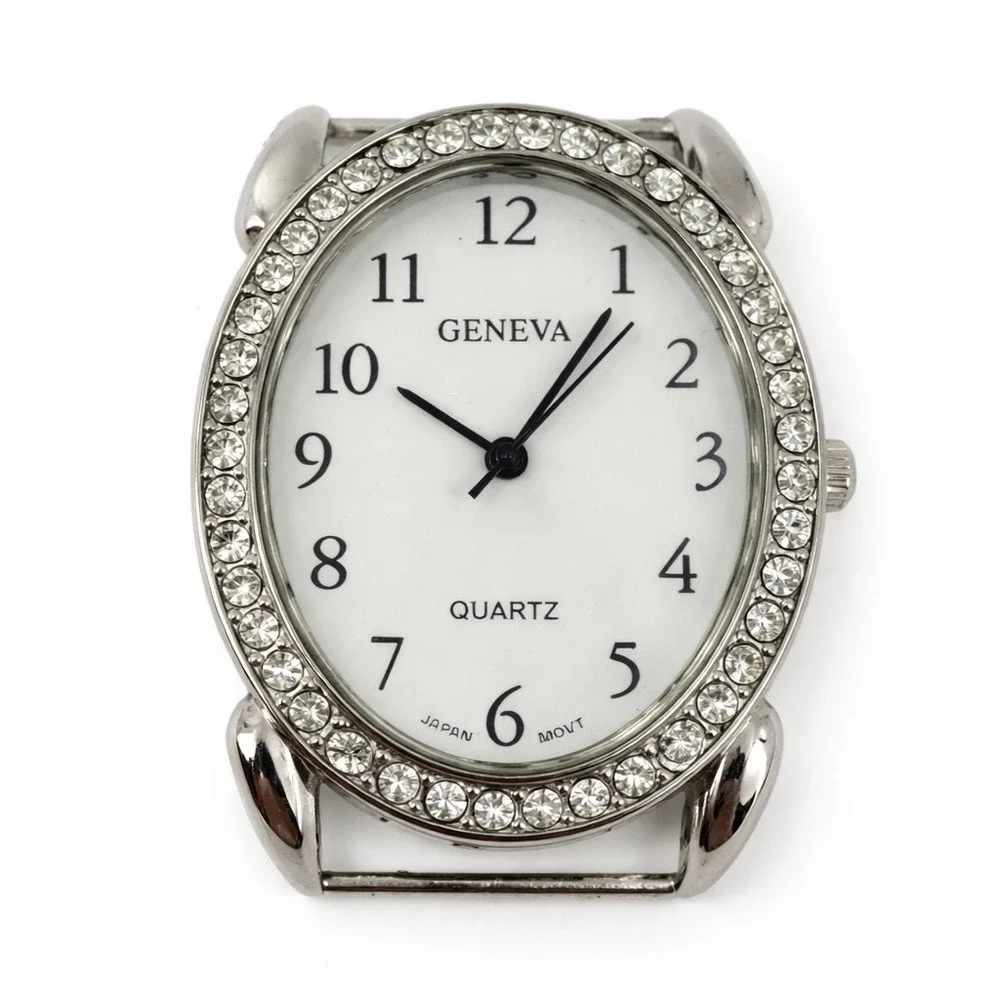 Geneva Womens Silver Tone Oval Rhinestone Bezel Quartz Watch Head Japan Mvt 16mm