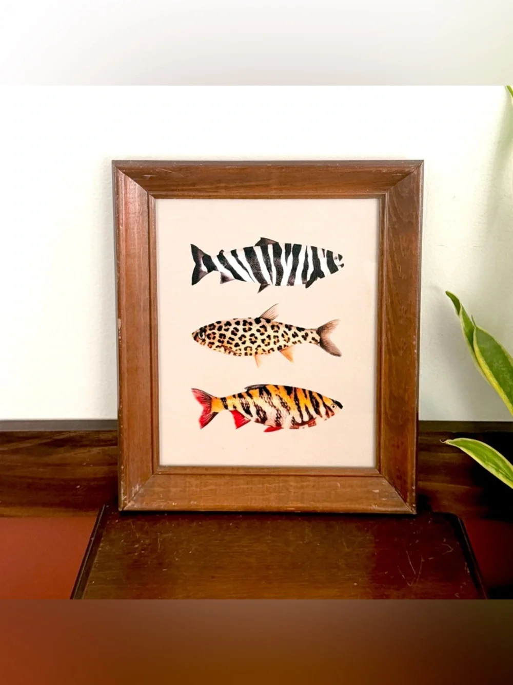 Animal Print Fish Canvas Art Print Vintage Wood Framed Wall Art 10x12” Fishing