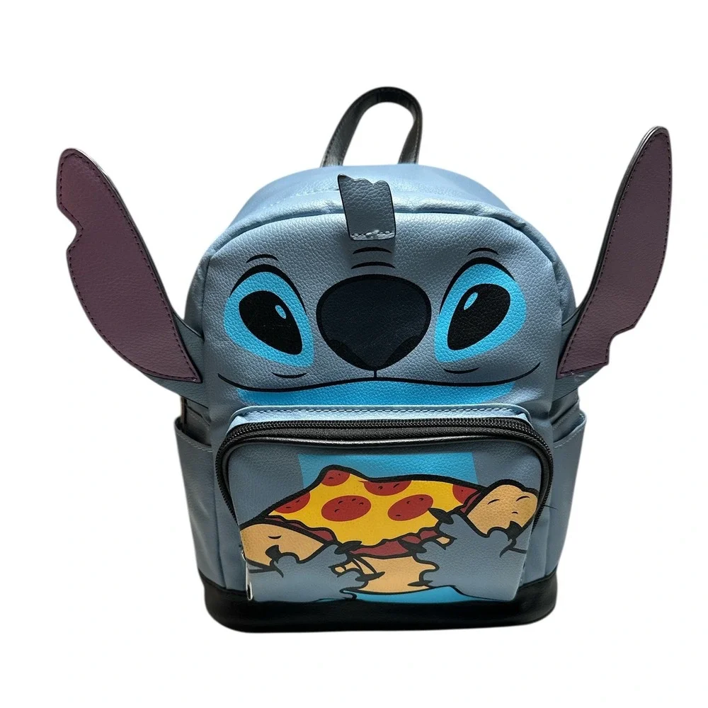 Disney Stitch Eating Pizza Mini Backpack w/ Ears Carry Handle &‎ Shoulder Straps