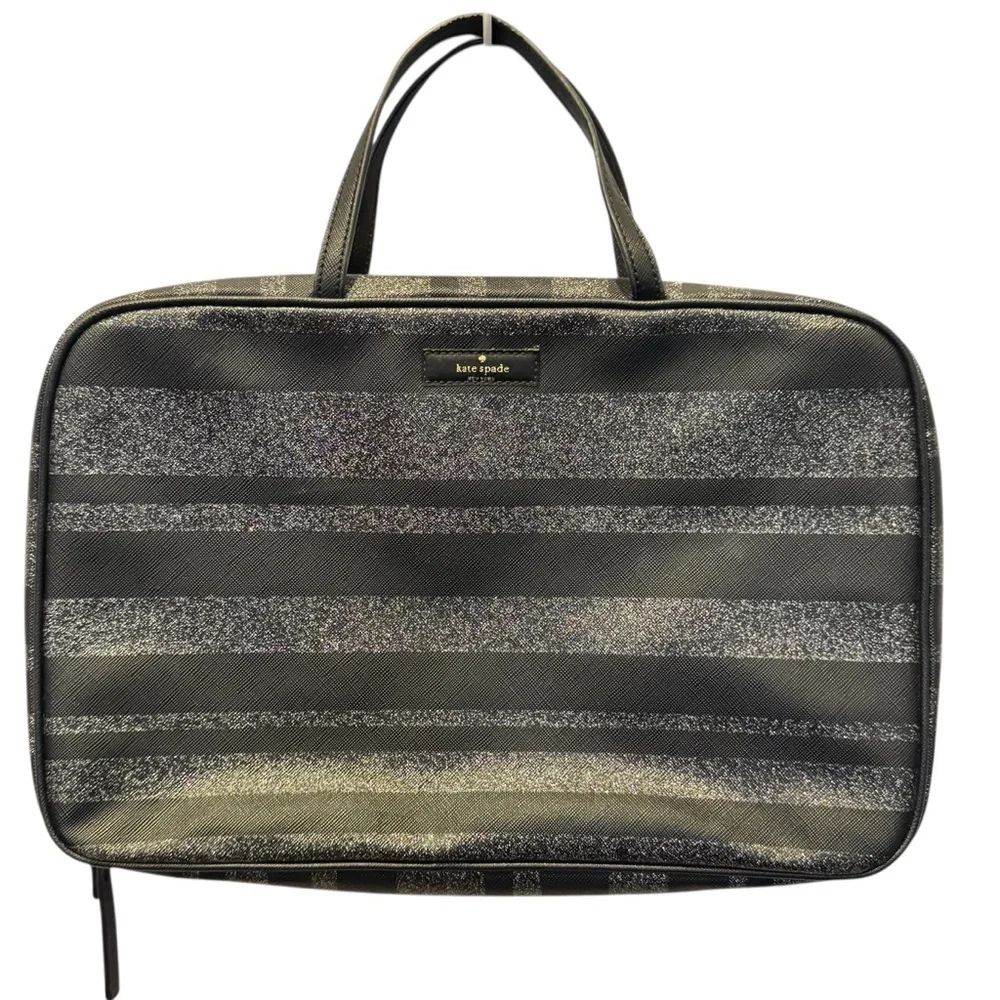 Kate Spade Black Silver Glitter Toiletries Travel Cosmetic Make-up Bag