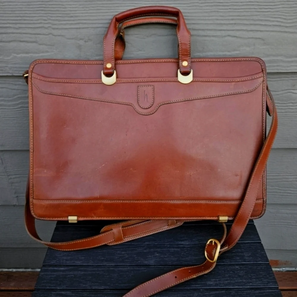 Vintage Hartmann by Lombardo Cognac Brown Leather Briefcase Lawyer Bag Crossbody