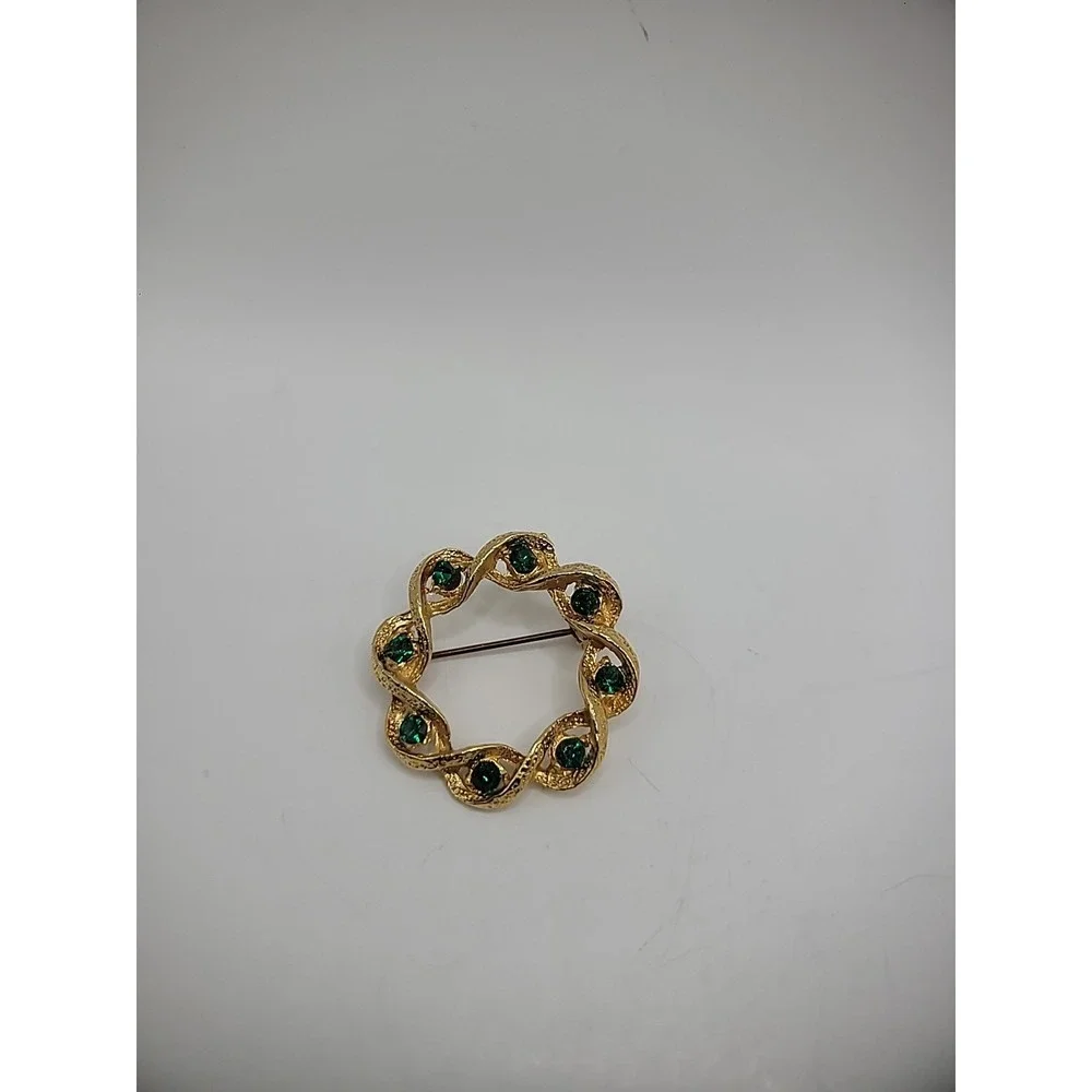 Vintage Brooch Pin Gold Tone Green Crystals Round Twist Embossed Jewelry Costume