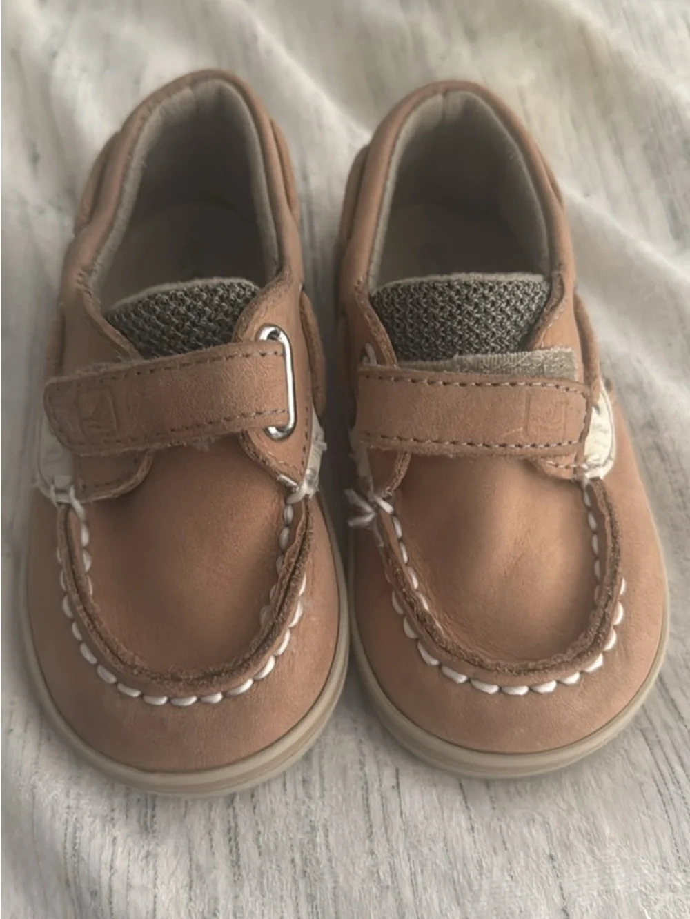 Kids Tan Sperry Slip-On Boat Shoes with Hook-and-Loop Strap