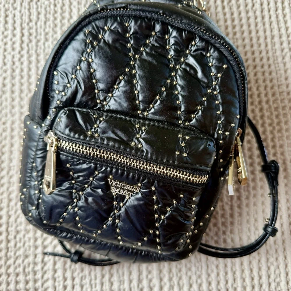 Victoria's Secret Mini‎ Backpack Black Quilted Nylon Gold Studded Small Bag