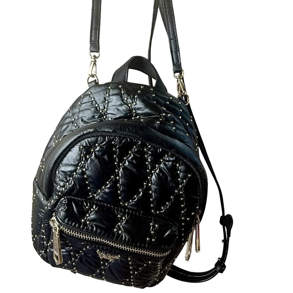 Victoria's Secret Mini‎ Backpack Black Quilted Nylon Gold Studded Small Bag