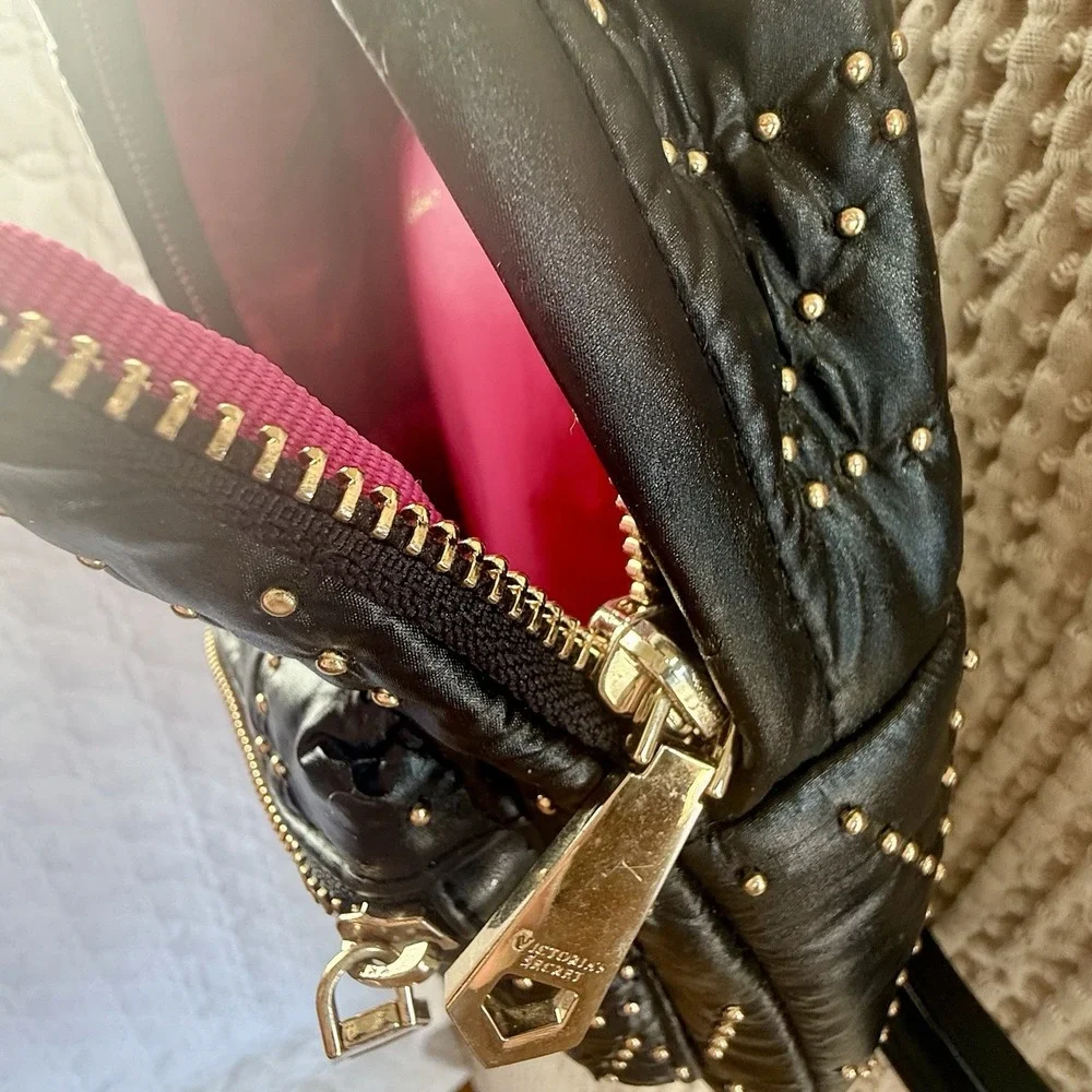 Victoria's Secret Mini‎ Backpack Black Quilted Nylon Gold Studded Small Bag