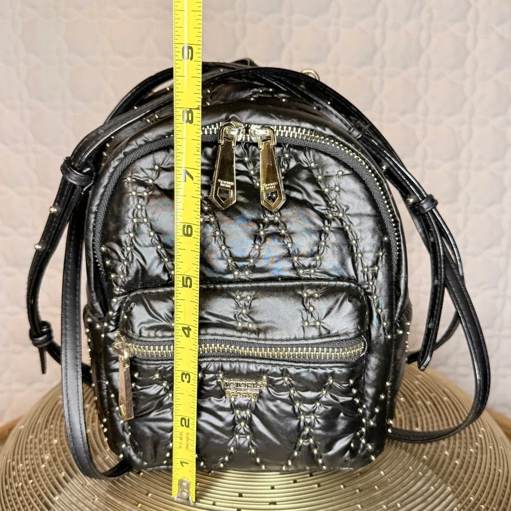 Victoria's Secret Mini‎ Backpack Black Quilted Nylon Gold Studded Small Bag