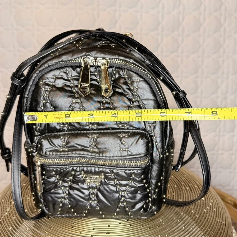 Victoria's Secret Mini‎ Backpack Black Quilted Nylon Gold Studded Small Bag