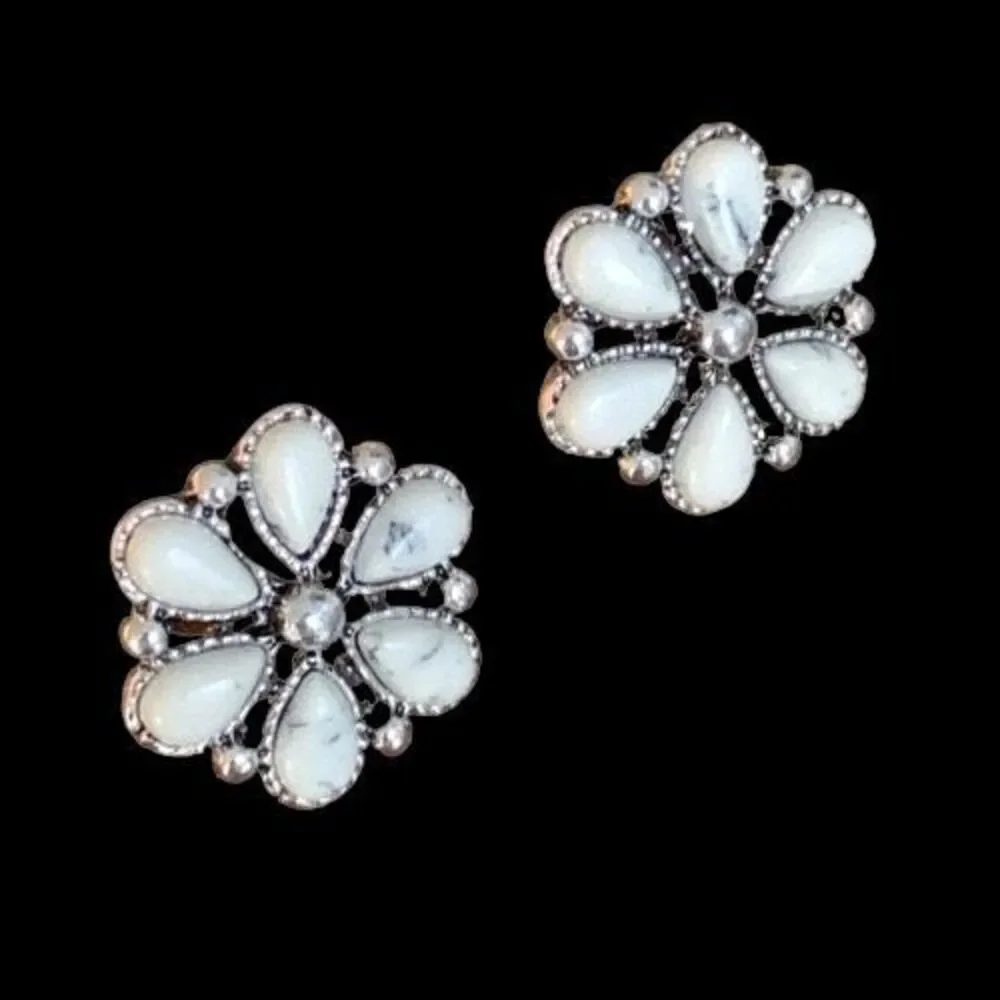 Western White Buffalo Style Blossom Earrings, Silver Tone Stone Studs