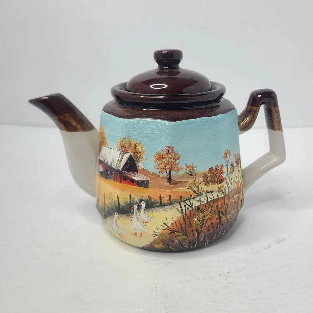 70s Country Cottagecore Teapot Brown Glaze Hand Painted Farmhouse Scene Signed