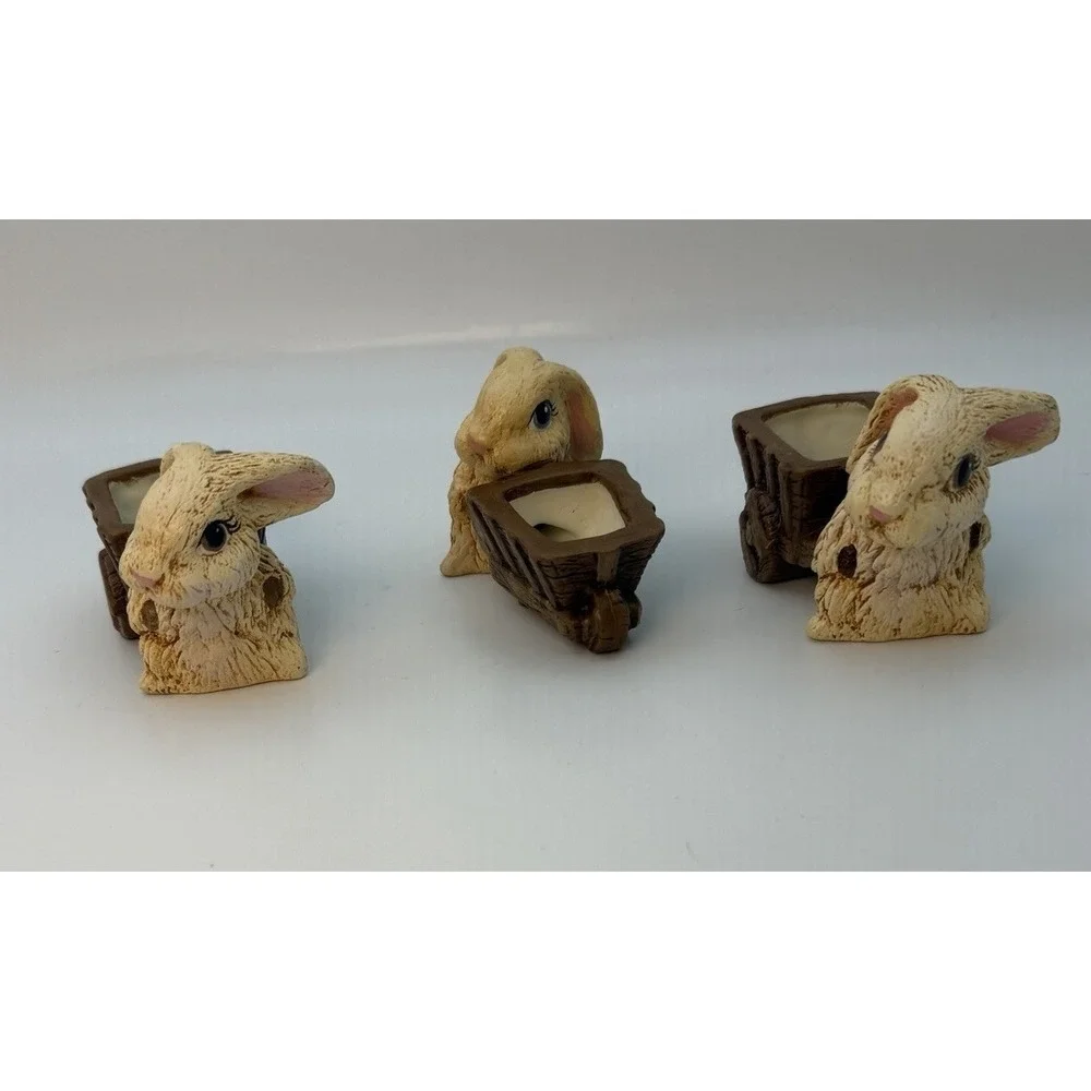 Lot of Three Rabbit Figurines Stone Resin Ceramic Brown Tan Small Wheelbarrow‎