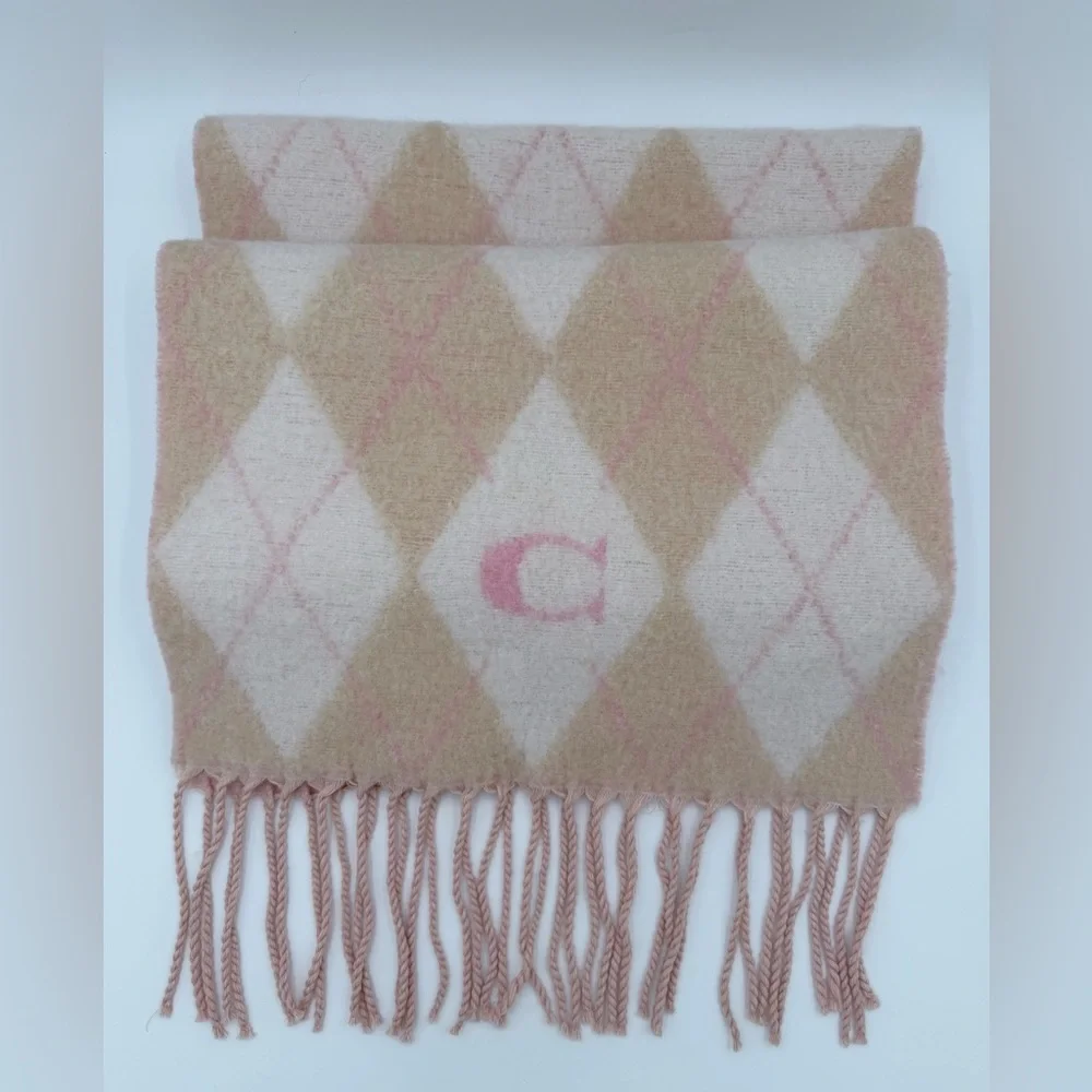Coach CE486 Wool Blend Argyle Scarf/Wrap Pink & Camel | 83% Wool