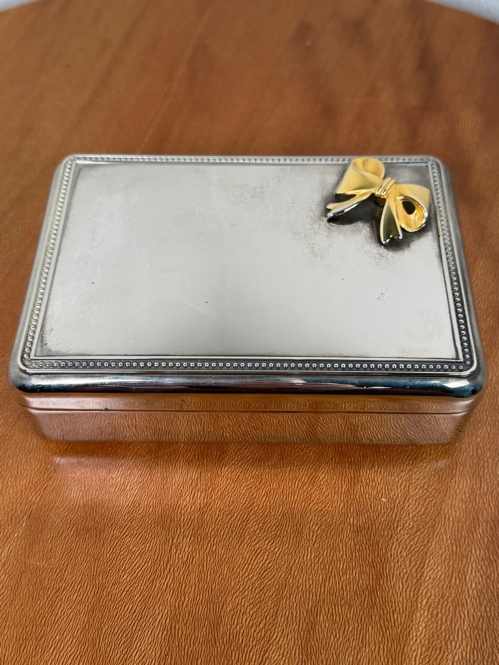Vintage Silver Plated Jewelry Box w/ Gold Colored Bow Blue Velvet Lined