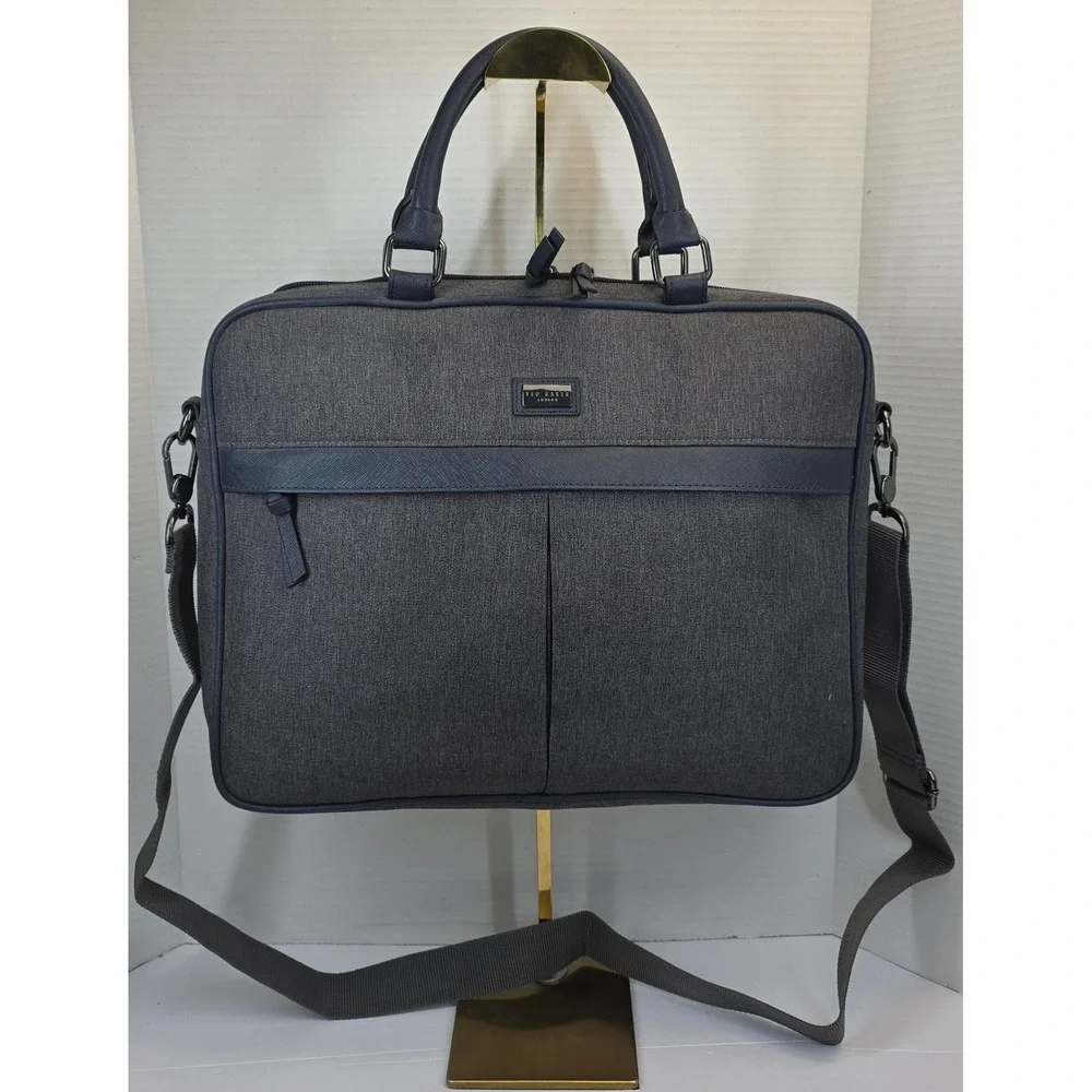 Ted Baker London Grey‎ Marl Navy Trim Laptop Briefcase Messenger Bag
