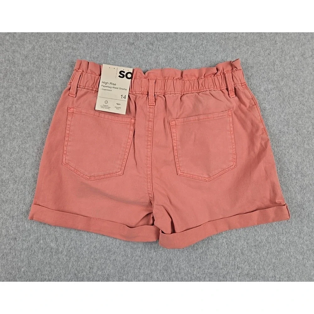 SO Jean Shorts Girls Size 14 High Rise Denim Coral Pink Paper Bag Waist NWT