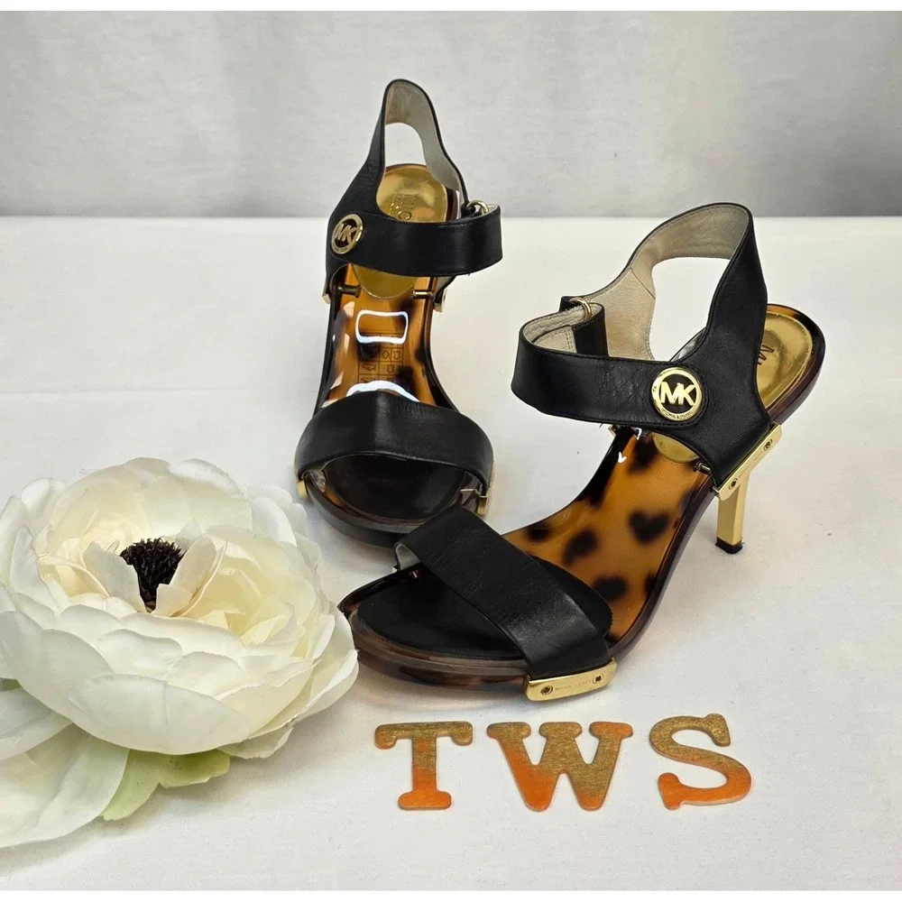 Michael Kors Black Leather Tortoise Shell Gold‎ Stiletto Sandals Heels Womens