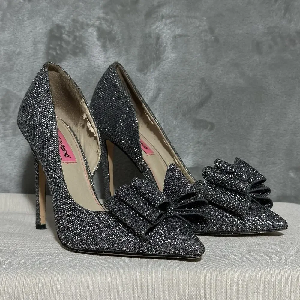 Betsey Johnson Prince D'Orsay Evening Pumps Womens 7.5 Silver‎ Sparkling Bridal