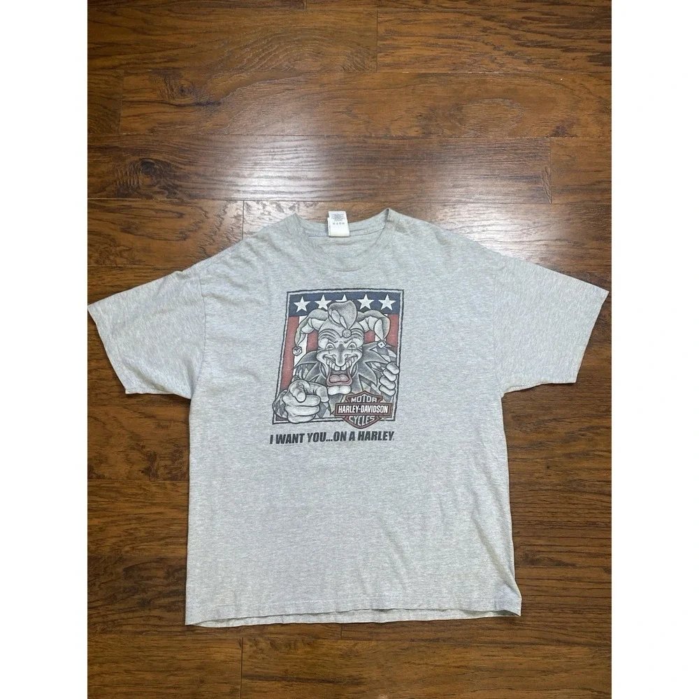 Vintage Y2K Harley Davidson USA Jester Clown Joker Faded T Shirt Size XL