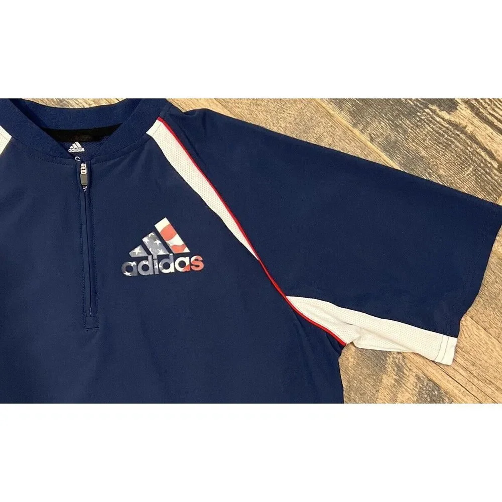 ADIDAS 1/4 Zip Batting Jacket Mens Shirt Triple Stripe Vented Short Sleeve USA S