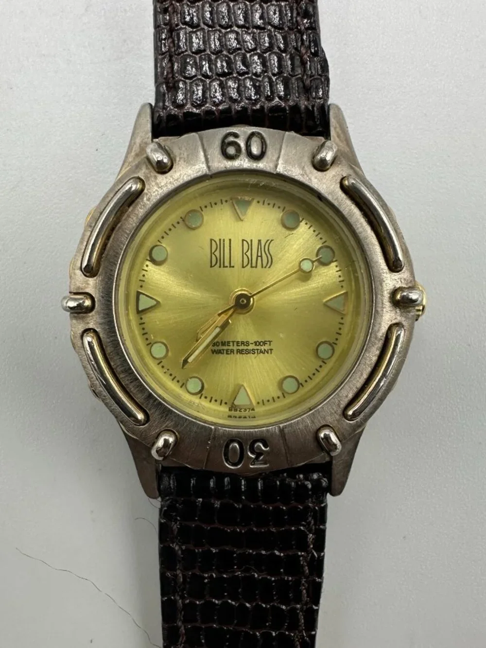 3/$30 Vintage Bill Blass Watch Women Silver Tone Gold Dial Leather Band 7.5