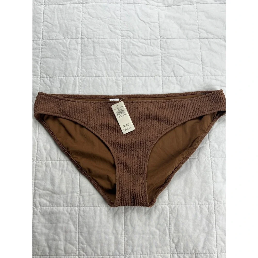 Aerie Real Good Smocked Bikini Bottom Brown Textured Swim XL Vacation Festival