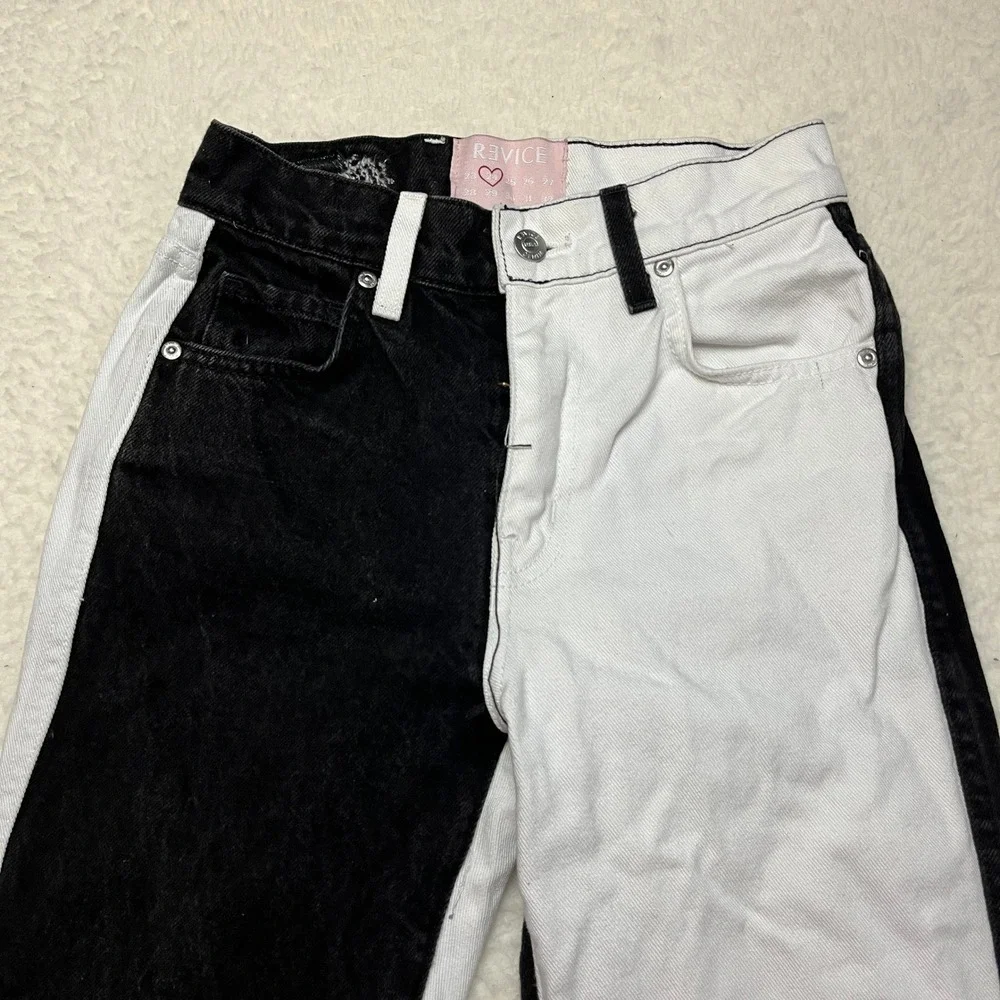 Revice Denim Jeans‎ Womens 24 Black White Yin Yang Split Leg High Rise Straight