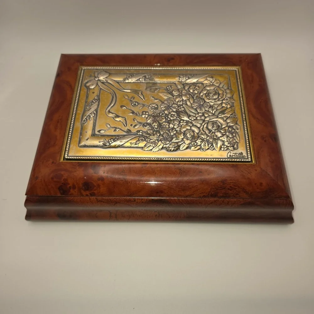 Acca Italy Burl Wood Jewelry Box Castellani‎ Floral Sterling Silver 925 Trinket