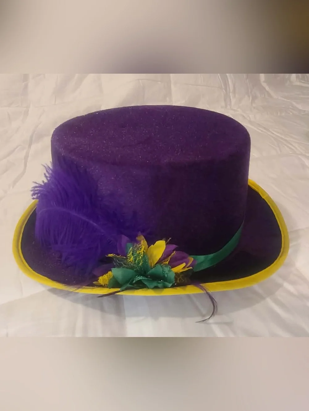 4 Purple Mardi Gras Feather Trim Top Hat with Green Band - Unbranded