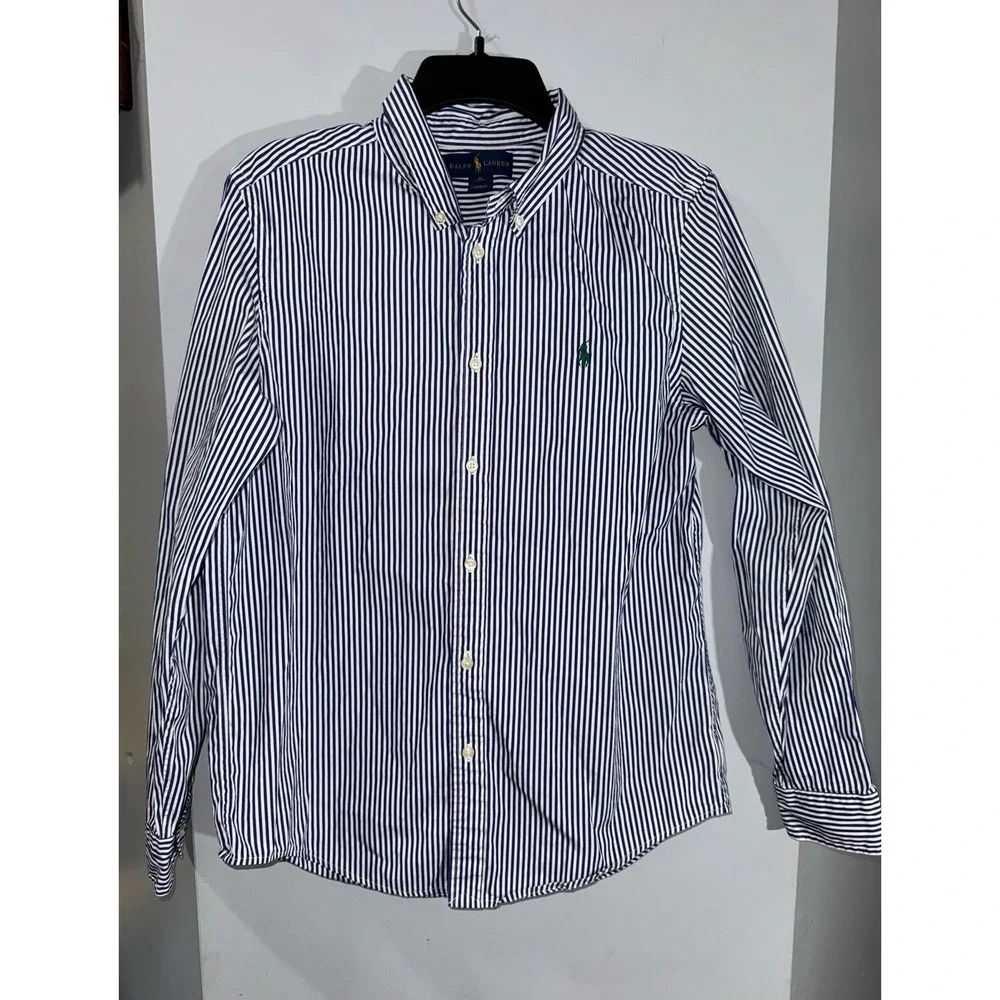 Ralph Lauren blue white striped button down green pony‎ boys XL 14-16