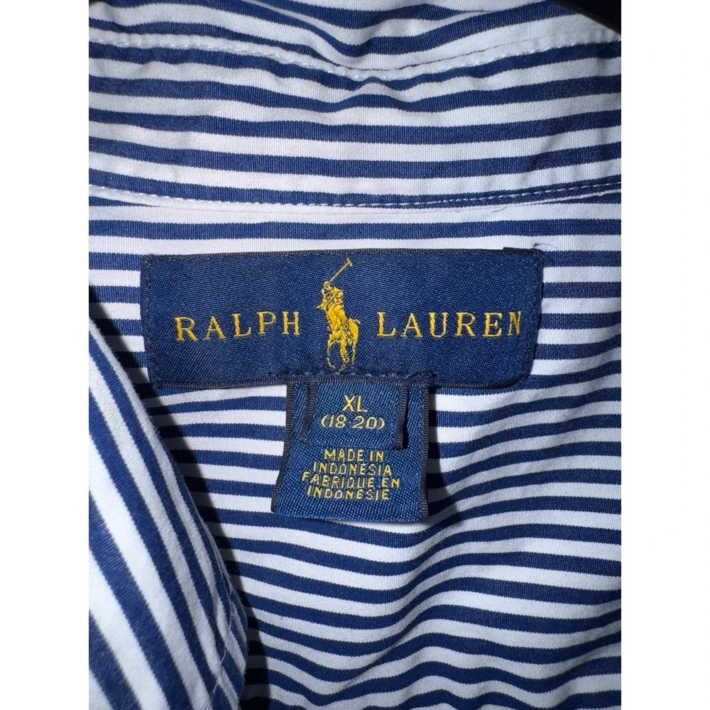 Ralph Lauren blue white striped button down green pony‎ boys XL 14-16