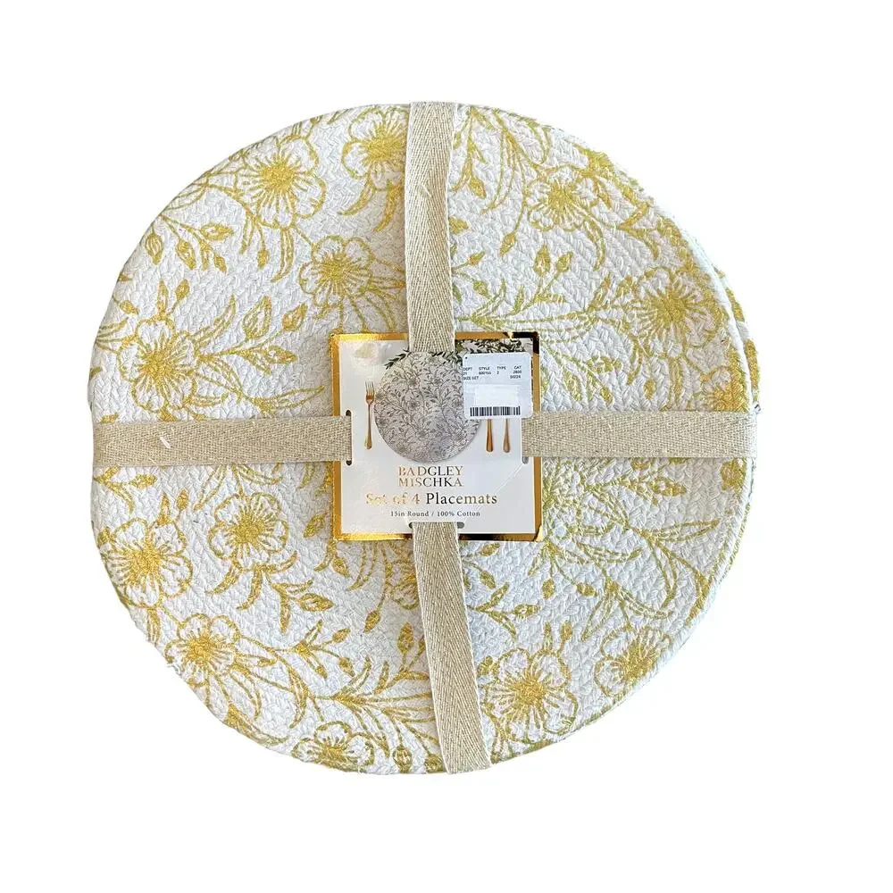 BADGLEY MISCHKA Gold Spring Floral Set of (4) Round Cotton 15