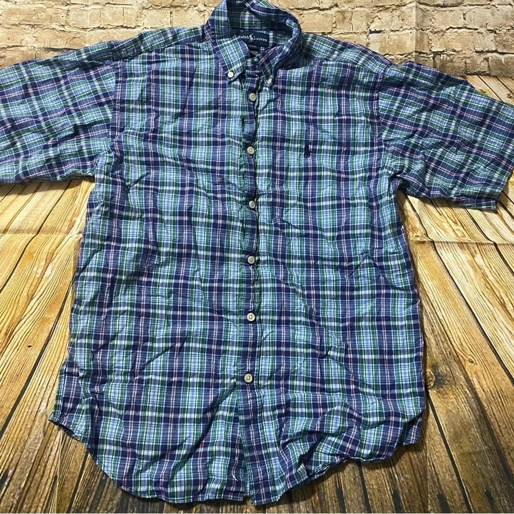 Ralph Lauren Blue Green Plaid Cotton Button Down Shirt
