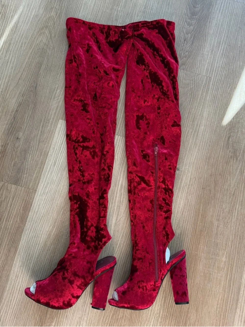 Red Velvet Over-the-Knee‎ Peep-Toe Heels