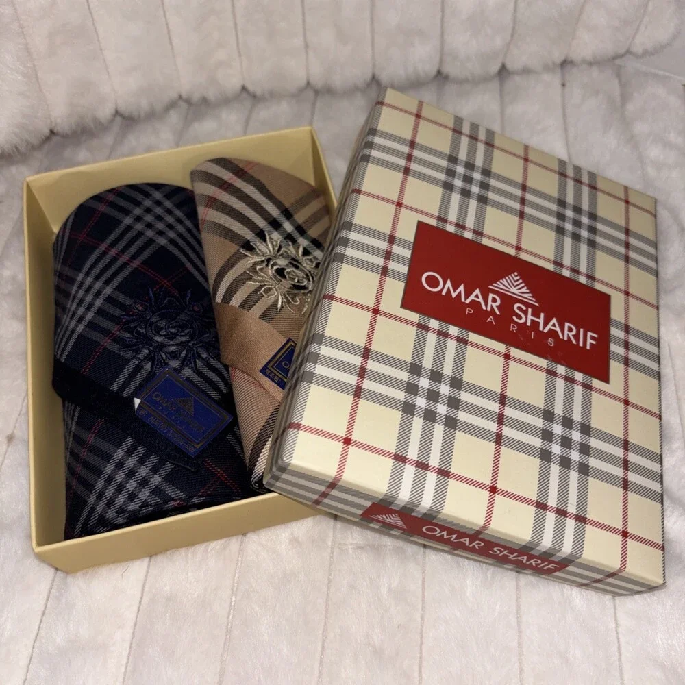 Vintage Omar Sharif Paris Men’s Handkerchief Set - Plaid & Monogram - NIB