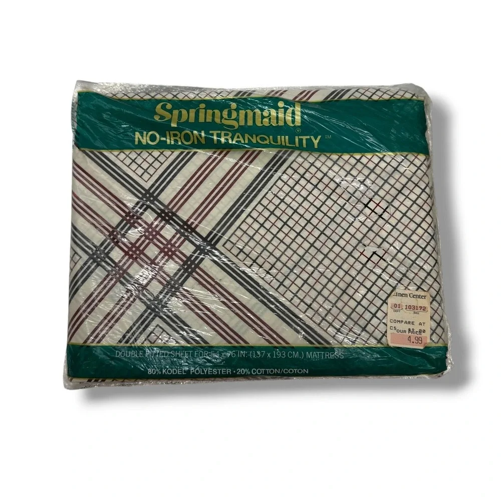 Springmaid Towne Squares Full Fitted Sheet Plaid USA Vintage NIP Deadstock NOS