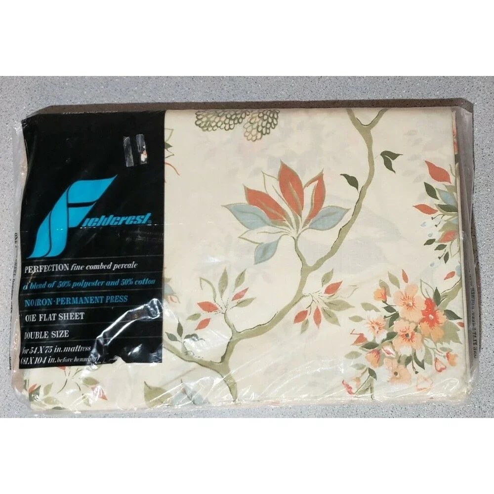 Vintage Fieldcrest Perfection Perm Press 50/50 Floral Double Flat Sheet 81x104