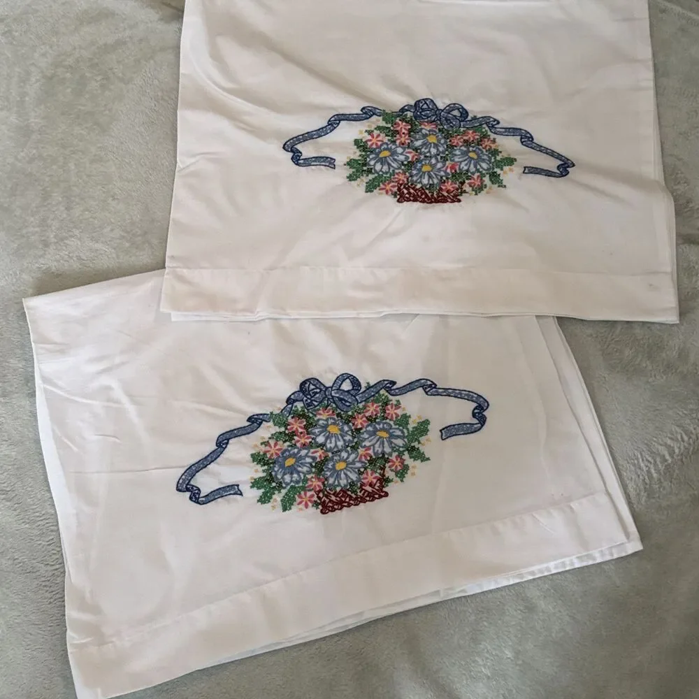 Vintage Pillowcase Pair Embroidered Pastel Flowers Grandma Cottage Core