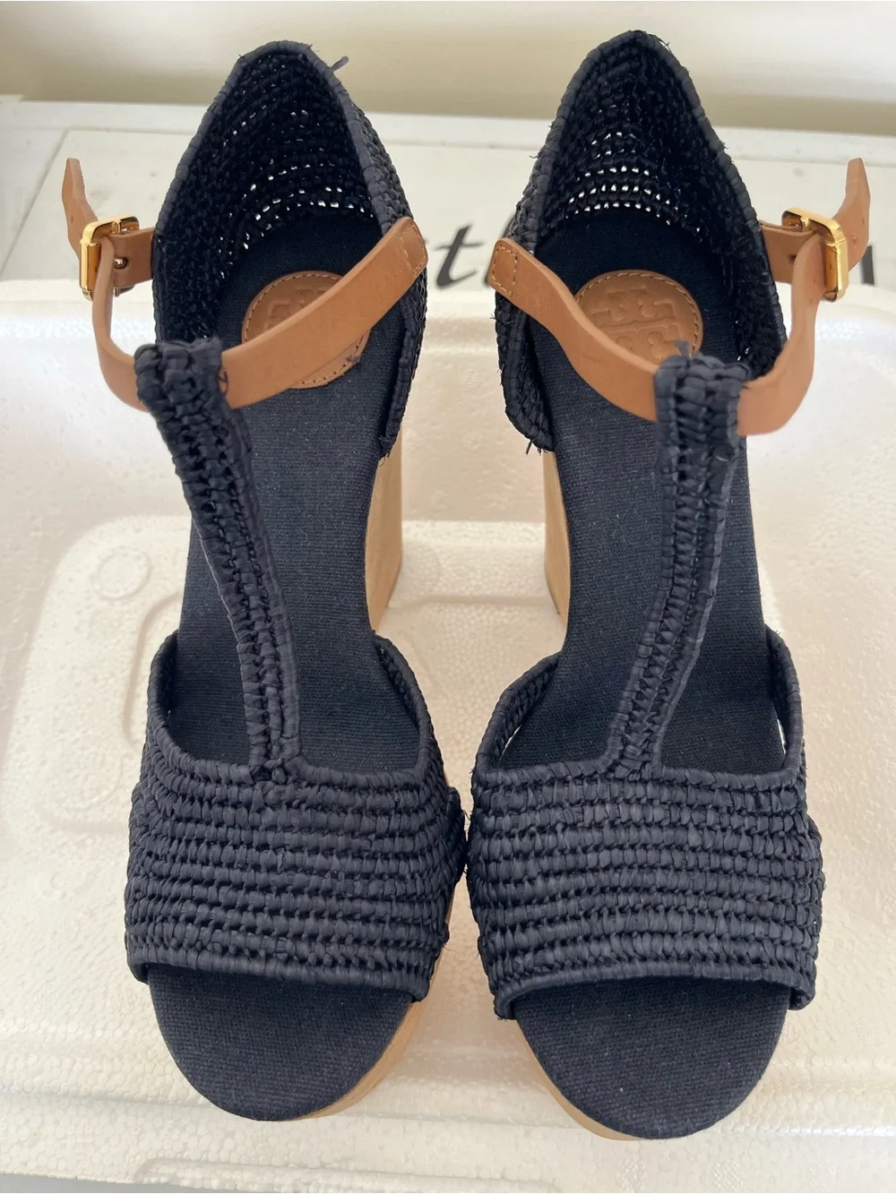 Tory Burch Black Woven T-Strap Wedge Sandals NEW Ankle Strap carina size 7
