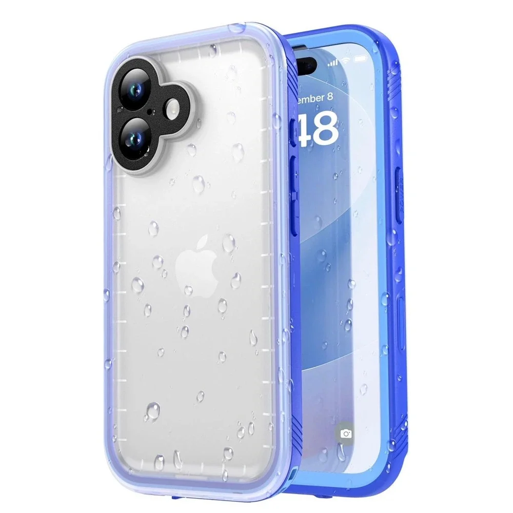 SPORTLINK iPhone 17 Waterproof Case Shockproof Full Body Blue Frosted Clear