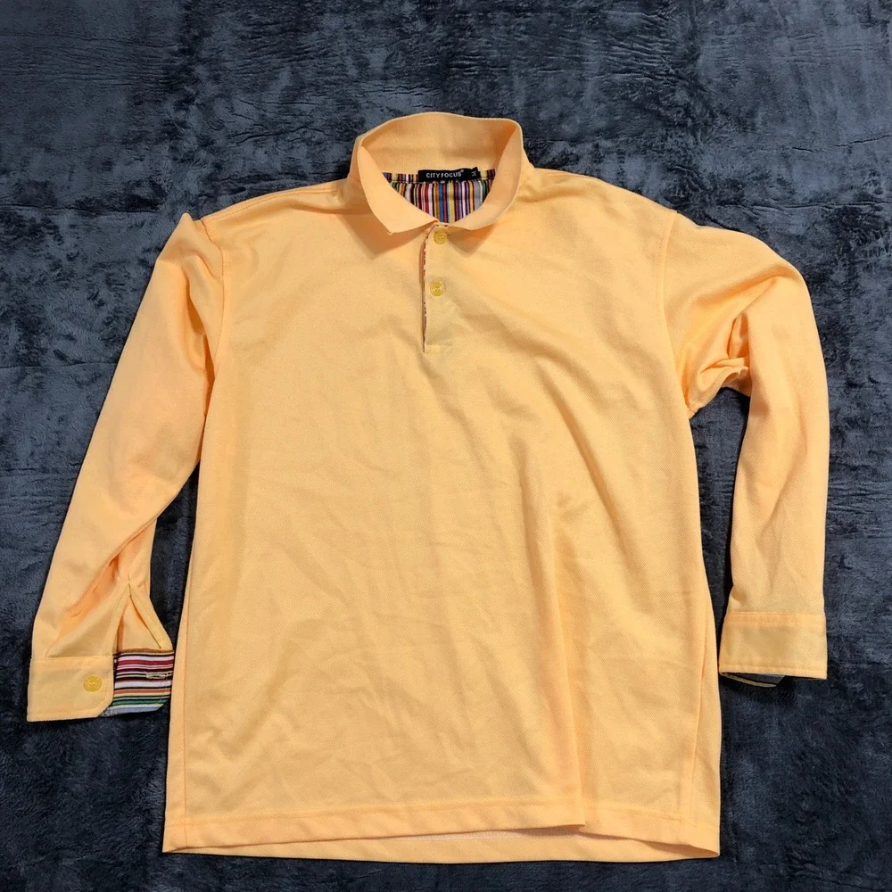 City Focus Polo Shirt Mens M Yellow‎ Long Sleeve Striped Trim Pique