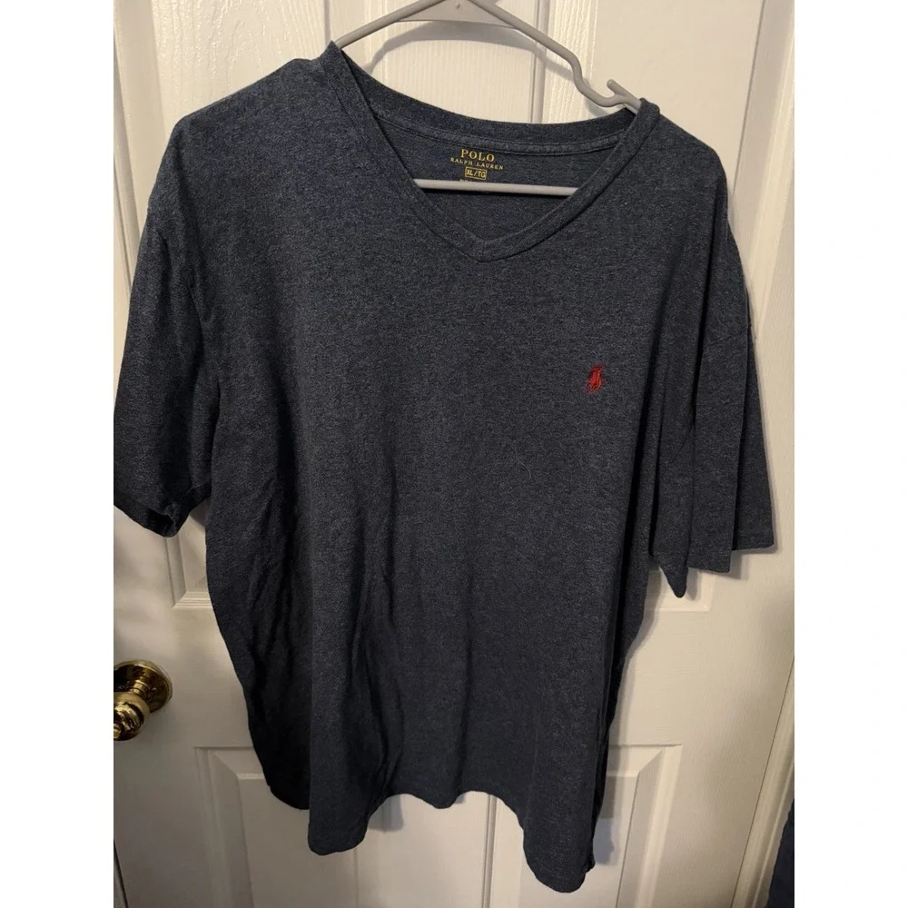 Polo Ralph Lauren v-Neck Navy T-Shirt Single Stitch Red Pony Sz L Men's