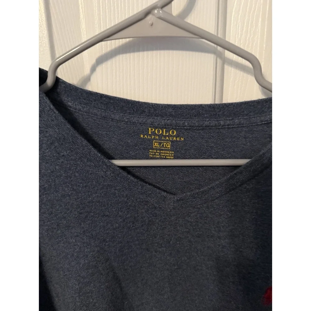 Polo Ralph Lauren v-Neck Navy T-Shirt Single Stitch Red Pony Sz L Men's
