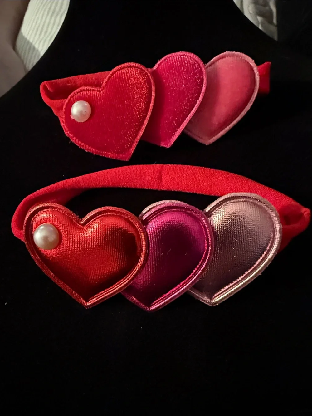 New 3” Triple Heart Velvet pony tail holder velvet and shiny set of 2