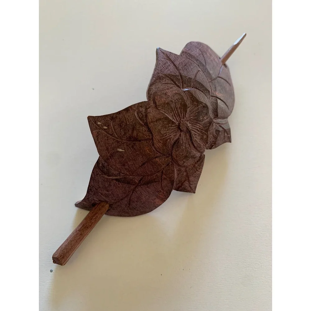 VTG Hand Carved Coconut Flower Leaf Hair Slide Barrette Stick Pin Boho Accessory