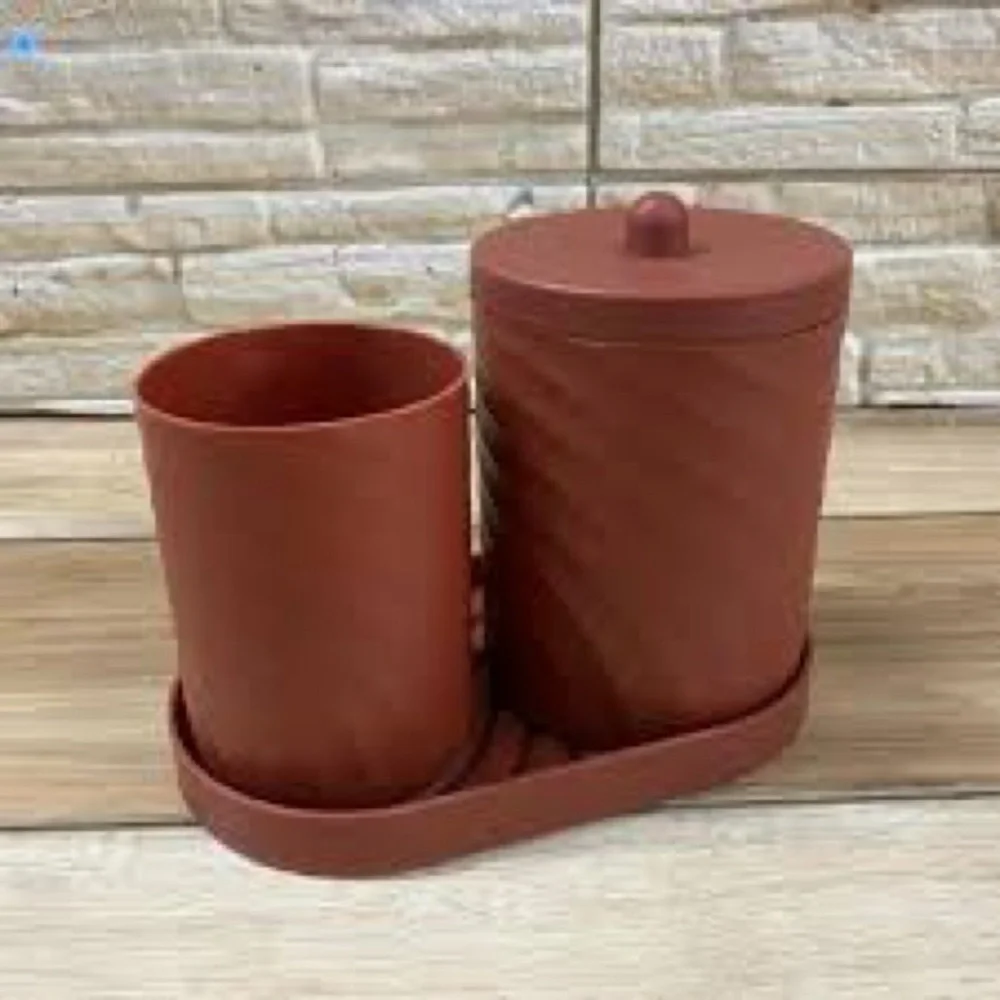 NIP 3-Piece Jar With Tray Set Brown Bathroom Decor Durable plastic