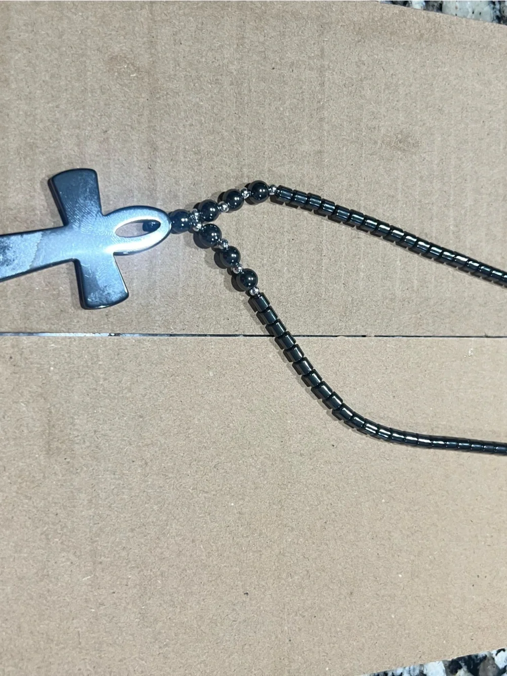 Hematite Cross Pendant Necklace - Dark Gray