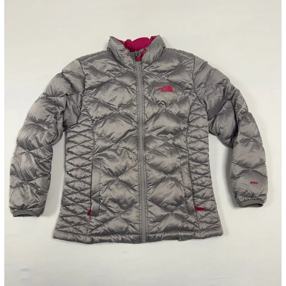 The North Face 550 Fill Down Puffer Jacket‎ Girls L 14-16 Silver Pink Zip Up